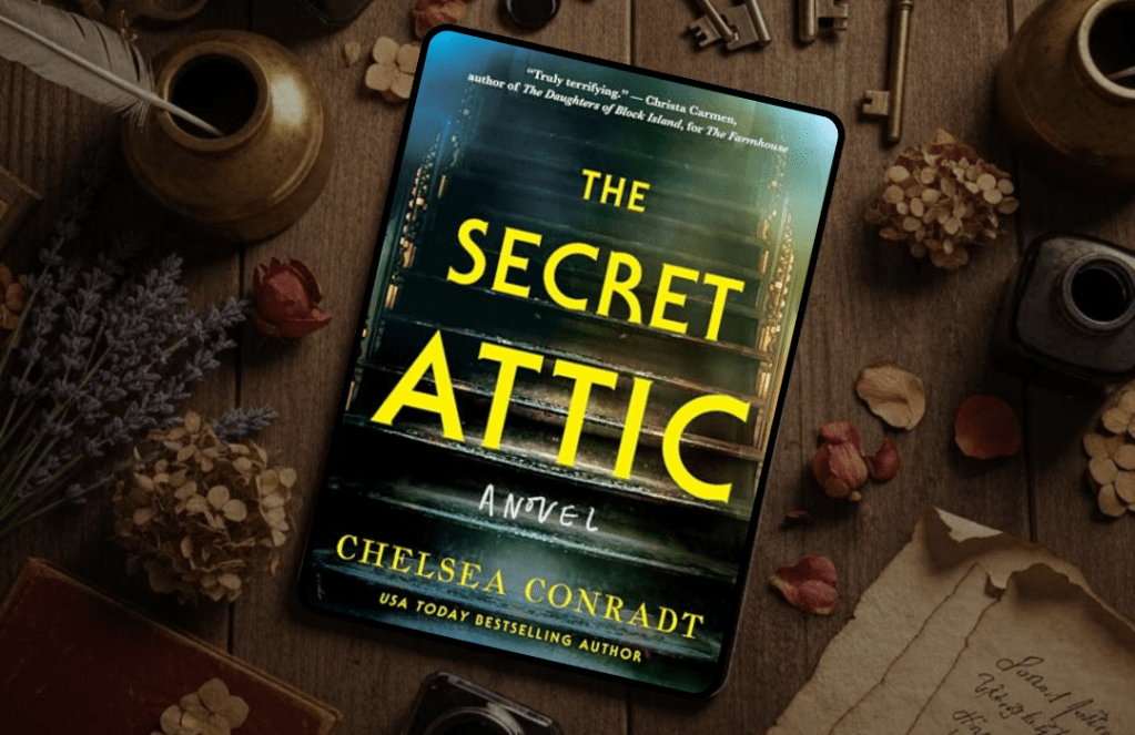 The book cover of The Secret Attic by Chelsea Conradt. The cover features a set of dusty stairs.