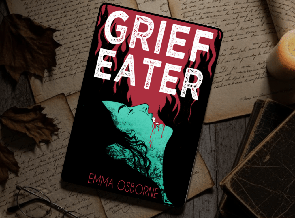 The cover of the book Grief Eater by Emma Osborne. The cover features an illustration of the side profile a woman's head tilted towards the sky and surrounded by black flames. Her facial expression is pained and blood runs from her mouth.
