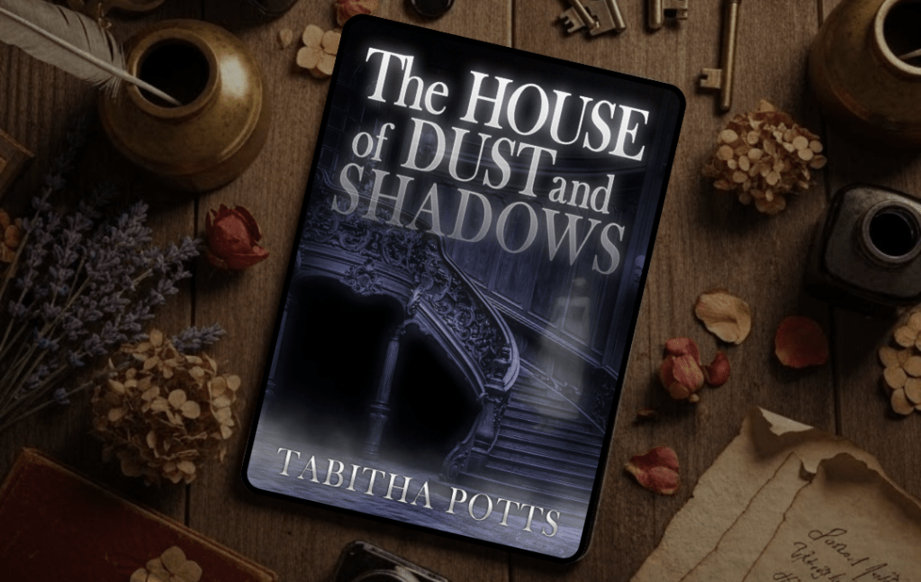 The cover of the book The House of Dust and Shadows. The cover features a vintage staircase with an elaborate bannister. A ghostly figure of a woman stands on the stairs.