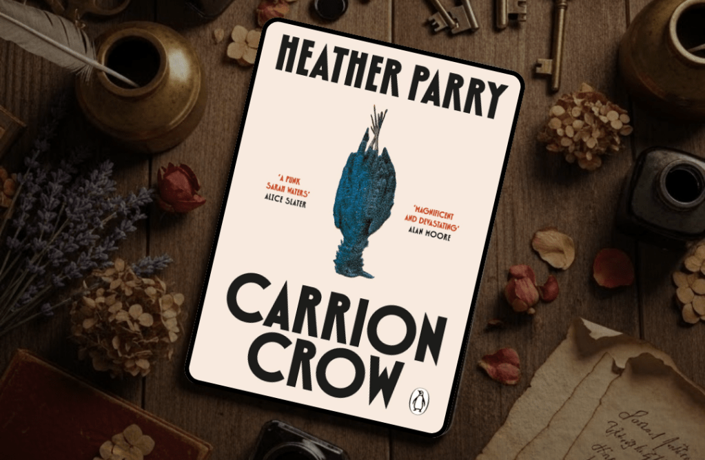 The book cover for Carrion Crow by Heather Parry. The cover features a blue crow hanging upside down.