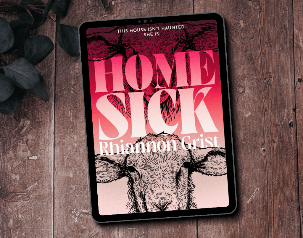 The cover for the book Home Sick by Rhiannon Grist. The cover features a close up illustration of a lamb.