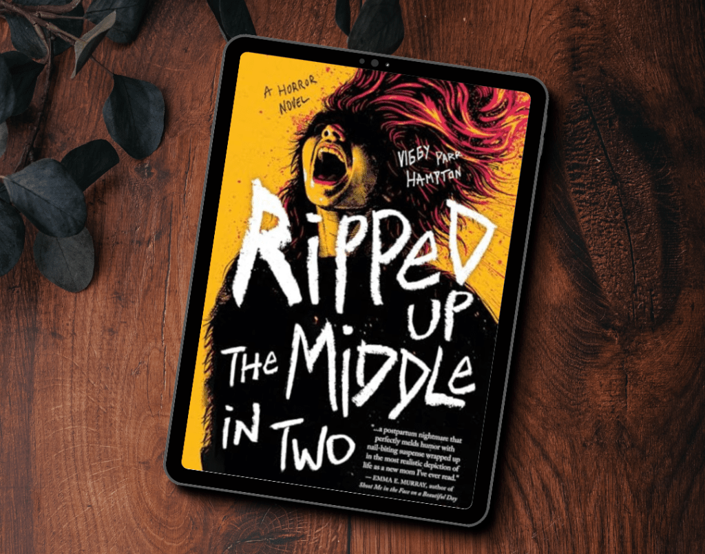 The cover for the book Ripped Up the Middle in Two by Viggy Parr Hampton. The cover features a woman with an obscured face screaming into the sky.
