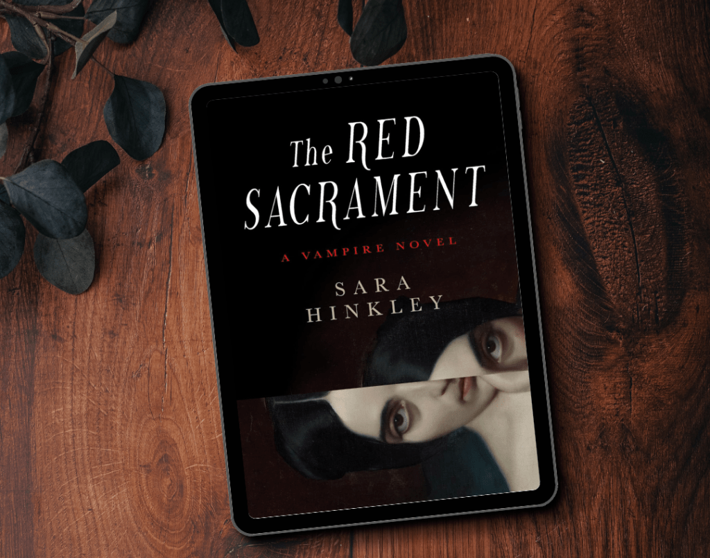 The book cover for The Red Sacrament by Sara Hinkley. The cover features a pale woman laying on her side. The woman's image is bisected and misaligned.