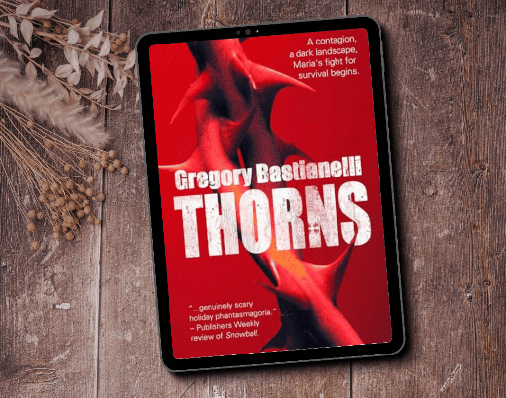 The book cover for Thorns by Gregory Bastianelli. The cover is red and features two braids of thorns wound together.