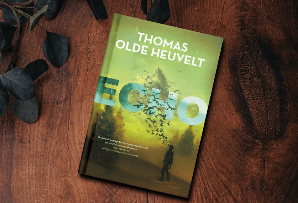 The book cover for Echo by Thomas Olde Heuvelt. The cover features a shadowy figure with birds swarming from its head. A mountain looms in the background.