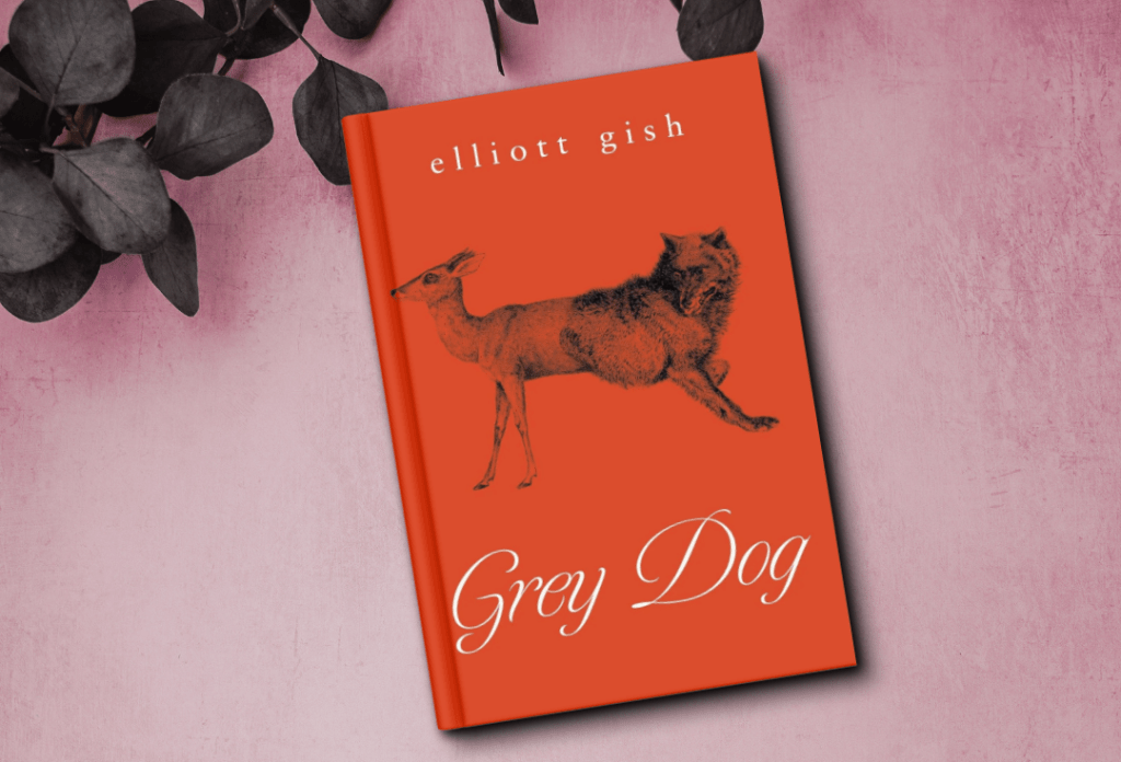 The cover for the book Grey Dog by Elliot Gish. The cover is bright red and features an animal that is half deer and half wolf.
