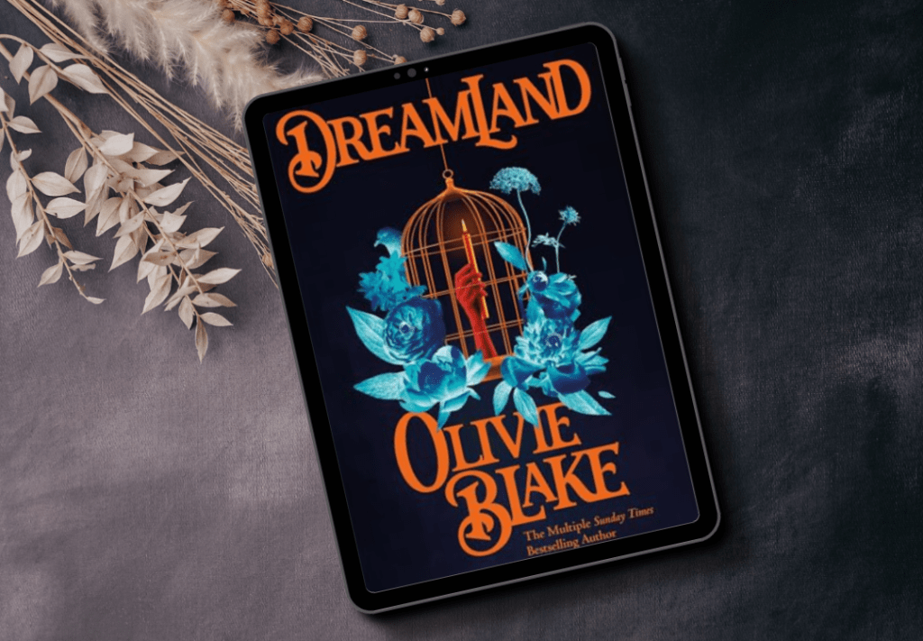 The cover for the book Dreamland by Olivie Blake. The cover features a hand holding in a candle in a golden page.