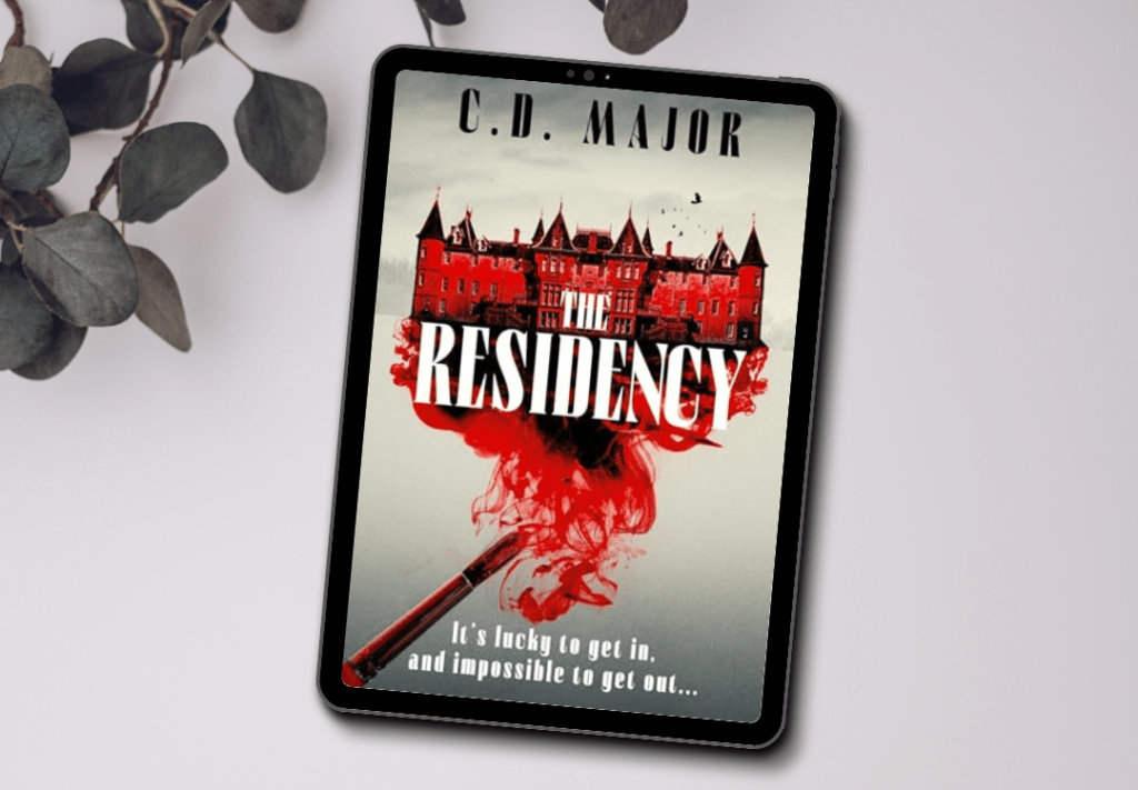 The cover for the book The Residency by C.D. Major. The cover features a large manor being painted red by a paintbrush.
