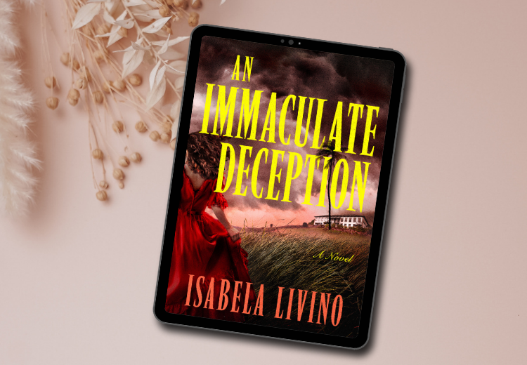 The cover for the book Immaculate Deception by Isabela Livino. The cover features a woman in a read dress running through high grass. A large, white house looms in the distance.