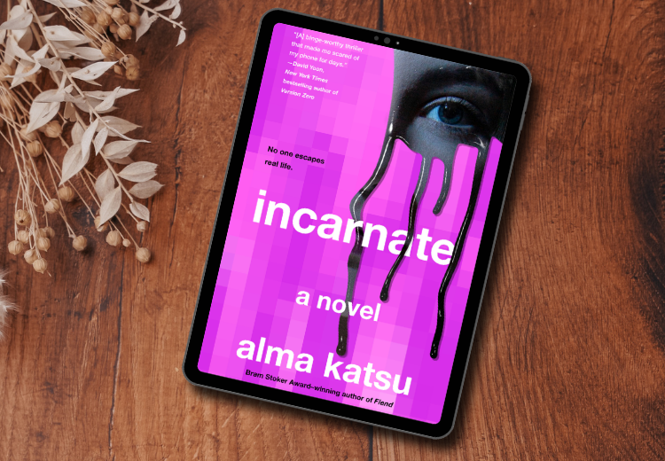 The cover for the book Incarnate by Alma Katsu. The cover features a woman's eye dripping into frame. The rest of the cover is filled with bright pink, pixelated glitches.