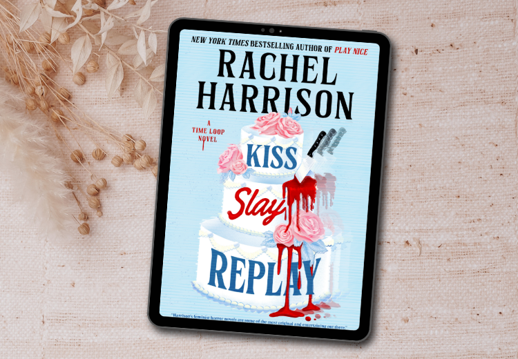 The cover of the book Kiss Slay Replay by Rachel Harrison. The cover features a white, three tiered wedding cake that has been stabbed with a knife and is dripping blood. 