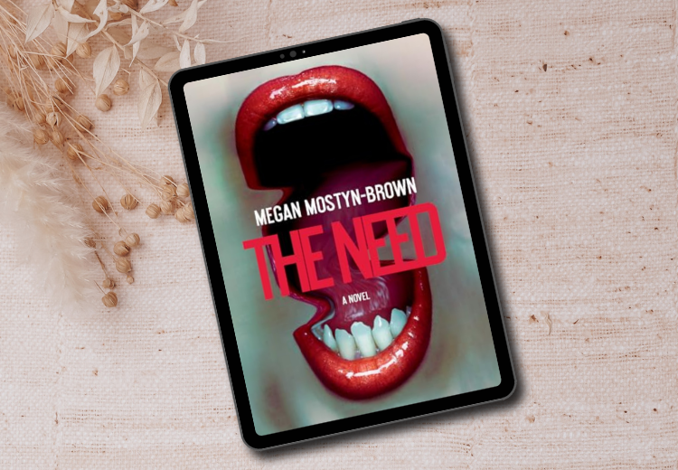 The cover of the book The Need by Megan Mostyn-Brown. The cover features an opened woman's mouth with red lipstick. The image is glitched in the middle. 
